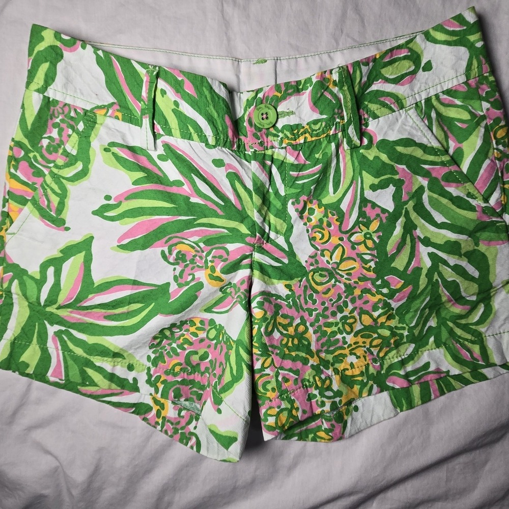 Lilly Pulitzer Callahan Shorts Womens‎ Size 0 Green Tropical Cotton Leaves EUC